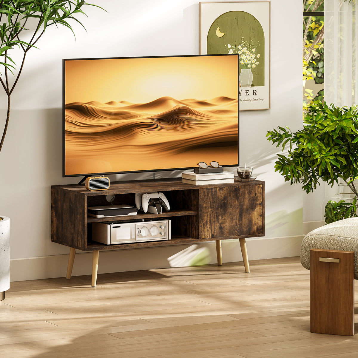 TV Stand up to 55 Inches, TV Unit with Open Shelves and Cable Holes - Brown