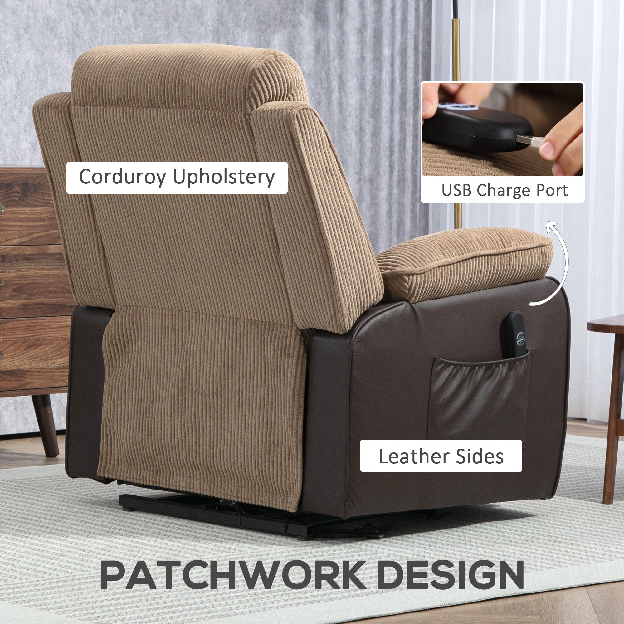 Power Lift Recliner Chair for Elderly, Patchwork Design Oversized Electric Riser and Recliner Armchair for Living Room with Remote Control, USB Port and 2 Side Pockets, Brown