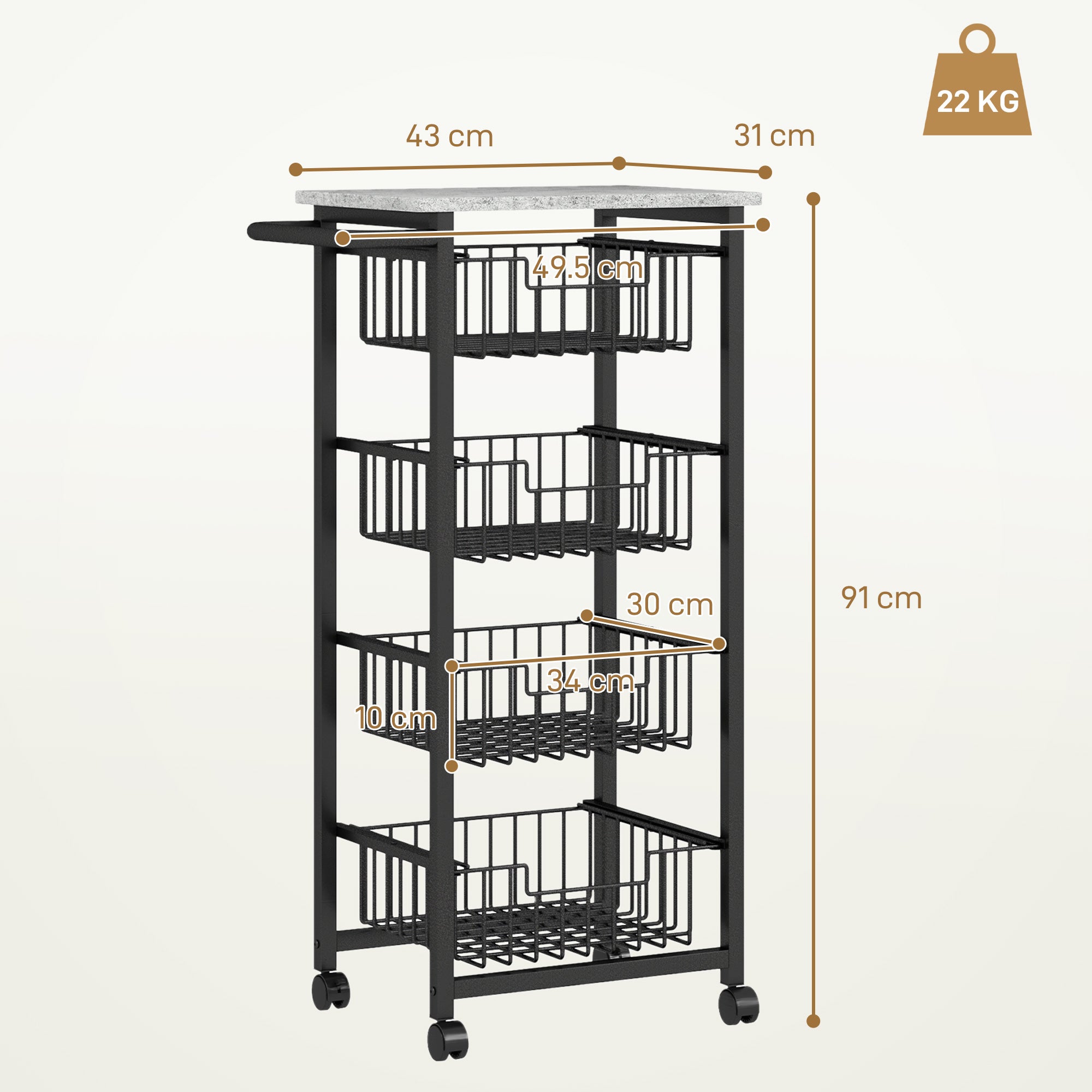 Four Basket Mobile Kitchen Island, with Brakes - Grey/Black