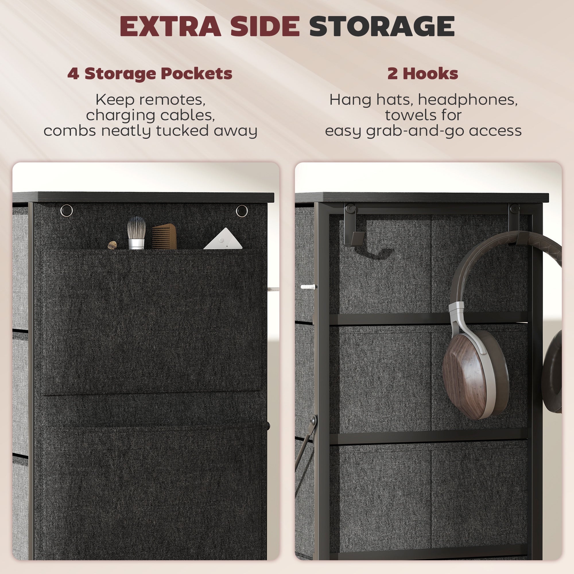 Chest of Five Fabric Drawers - Charcoal Grey