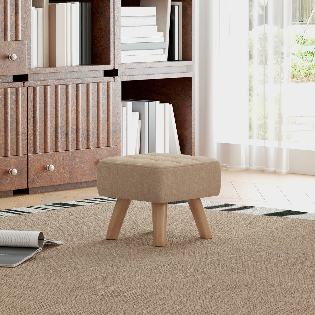 Linen-Look Square Padded Footstool - Brown
