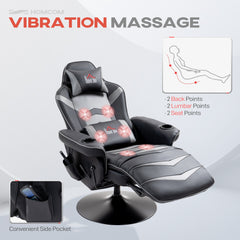 Massage Gaming Chair, Swivel Racing Video Gaming Recliner with Retractable Footrest, Headrest, Cup Holders and Side Pockets, Ergonomic High Back PU Leather Executive Desk Chair, Grey