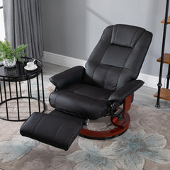 360° Swivel Recliner Chair with Footstool, Manual Recliner Armchair with Wooden Base, Faux Leather Upholstered Reclining Chair for Living Room, Bedroom, Office, Black