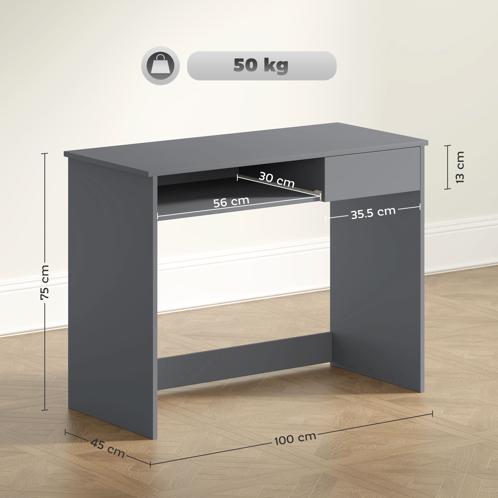 100cm Compact Computer Desk with Keyboard Tray, Home Office Desk with Drawer for Bedroom Study, Grey