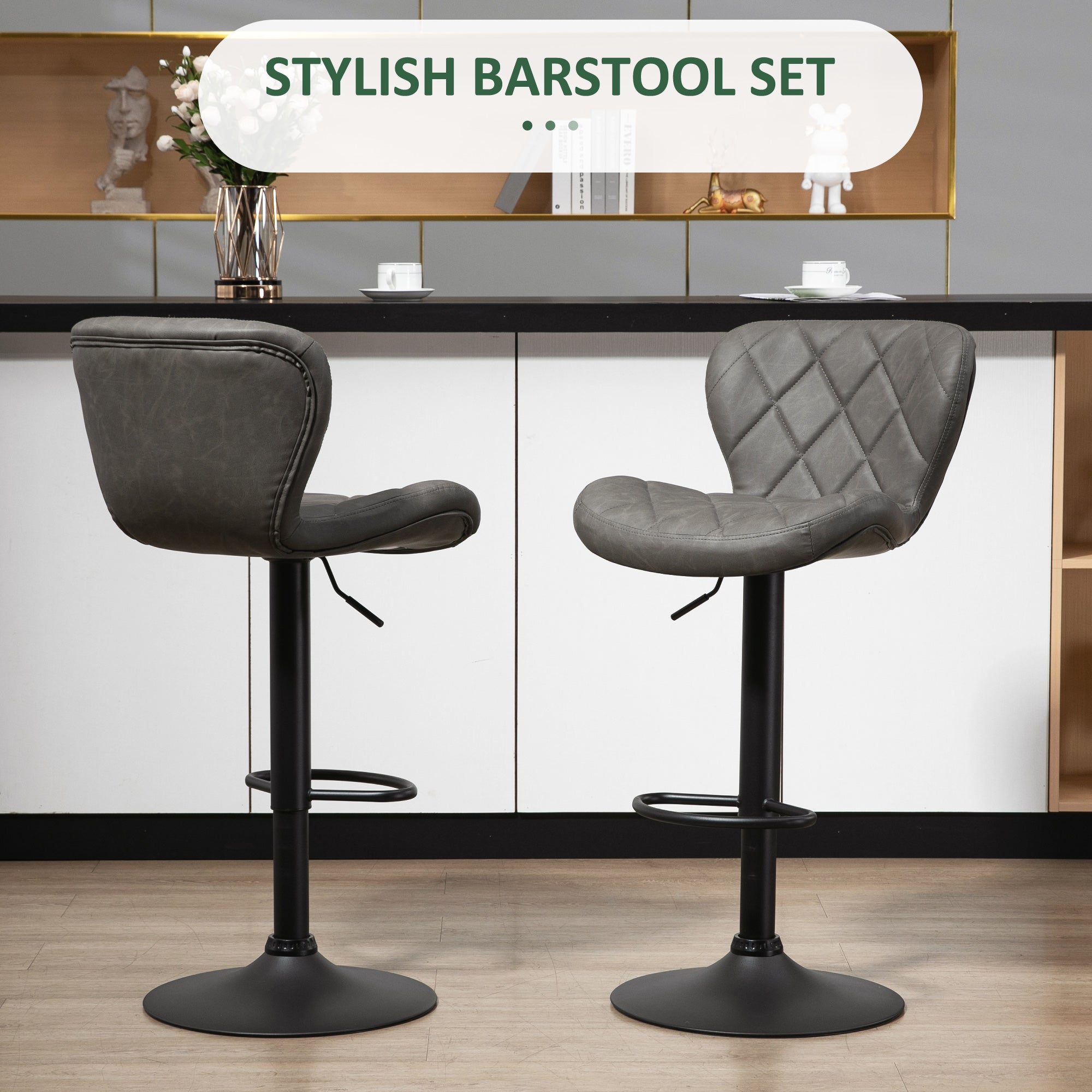 Bar Stools, Set of 2 Breakfast Bar Chairs, Swivel Barstools with Backrest and Footrest, Steel Frame Diamond Pattern PU, for Kitchen Counter, Dining Room, Dark Grey