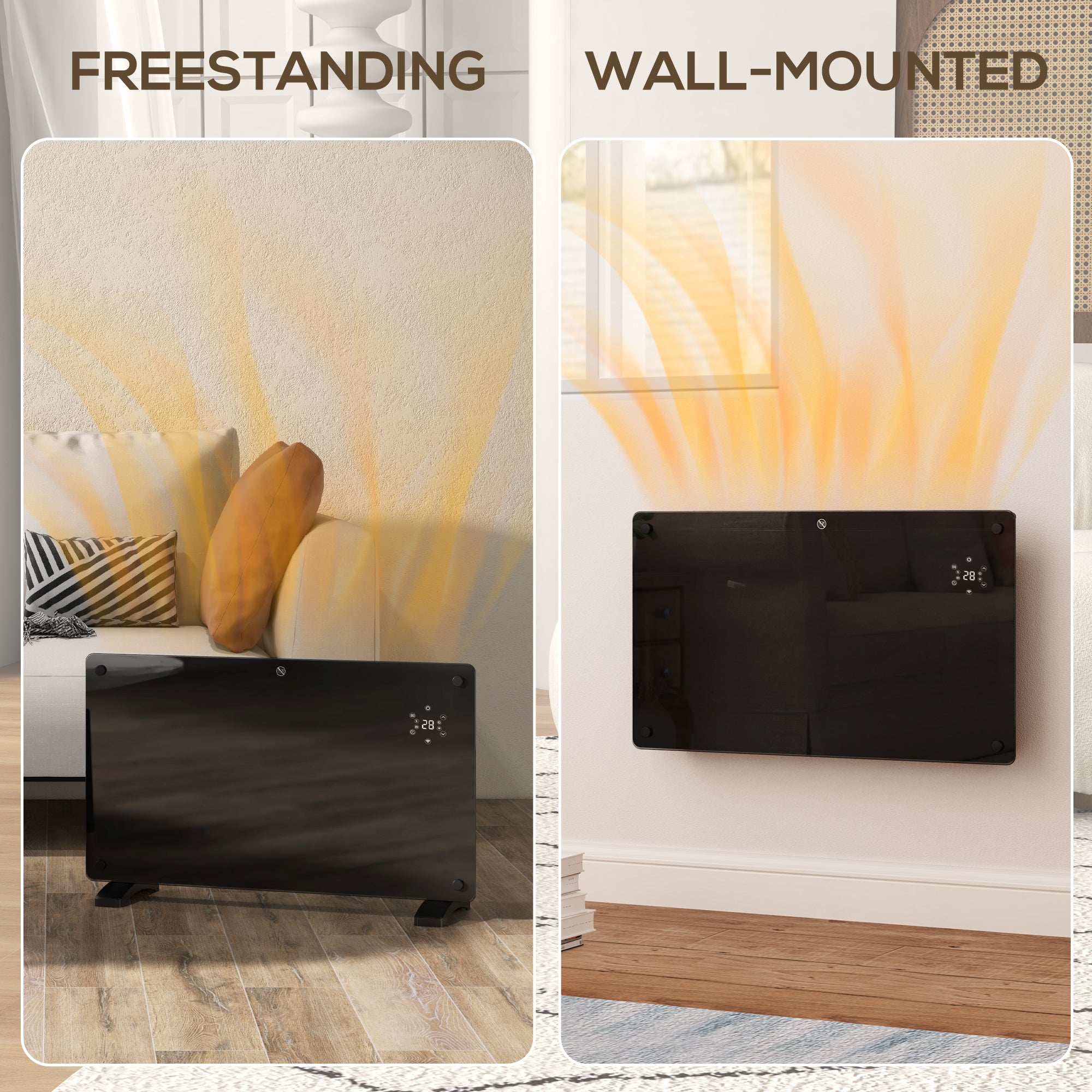 Fynco - Electric Heater Wifi Smart App, 1500W Glass Panel Heater Radiator, Freestanding or Wall Mounted Convector Space Heater with LED Display, 24Hr 7 Day Timer, Adjustable Thermostat, Remote Control