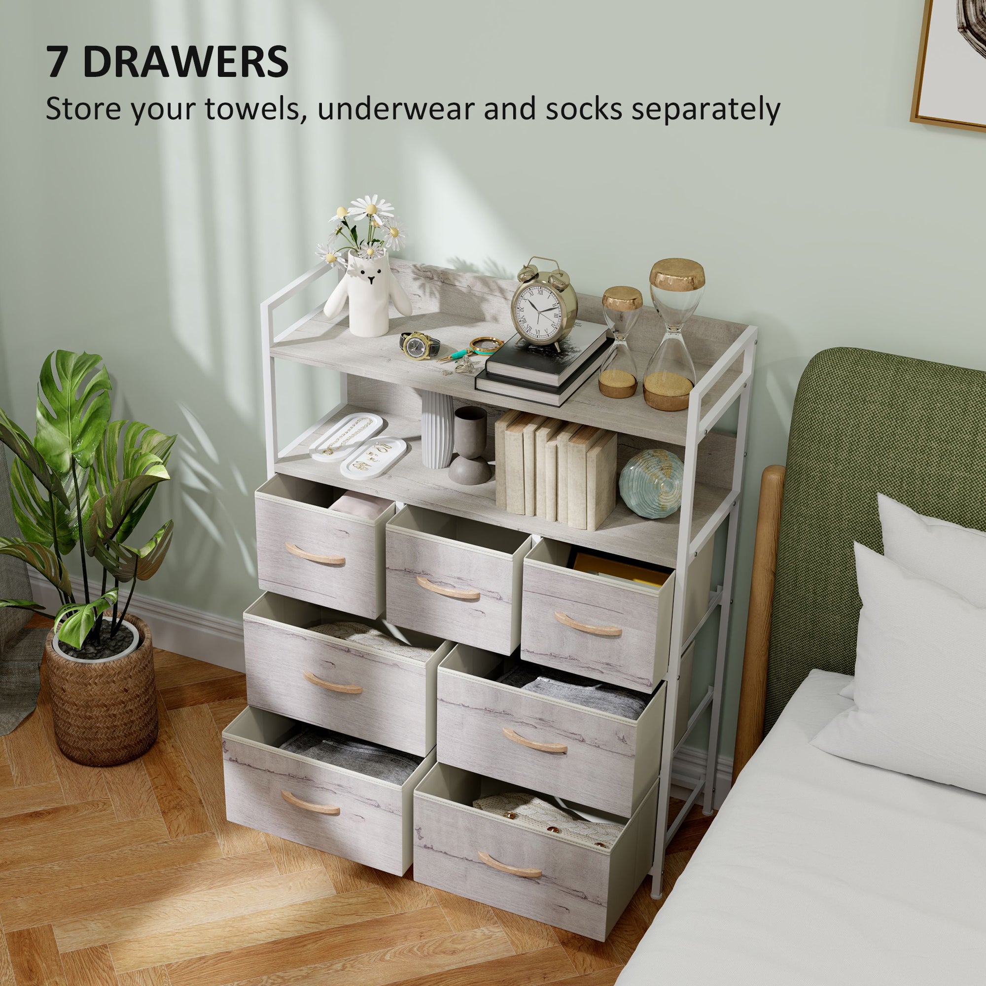 Rustic Chest of Seven Fabric Drawers - Natural Wood Finish
