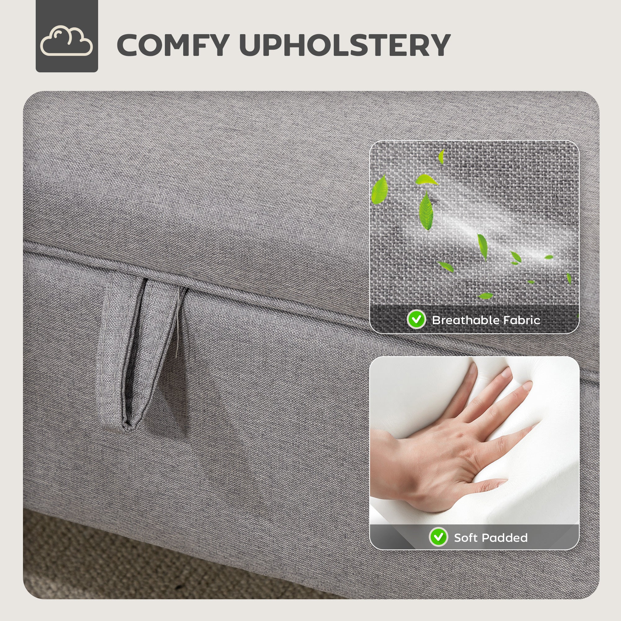 Fynco - 30L Linen Storage Ottoman Padded Footstool with Rubberwood Legs for Storage Box, Bed End, Shoe Bench, Seating, Light Grey