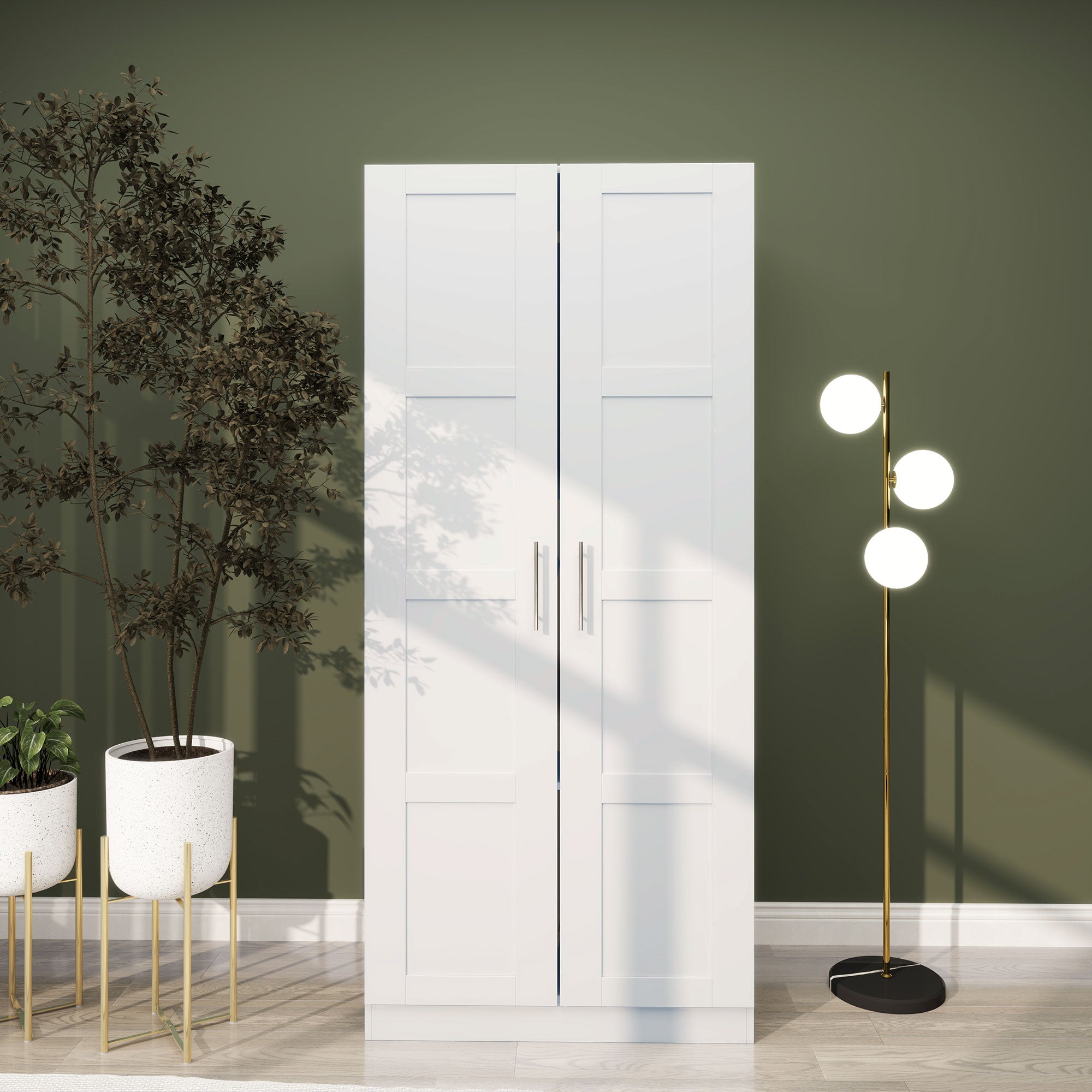 Double Paneled Door Wardrobe, with Shelves - White