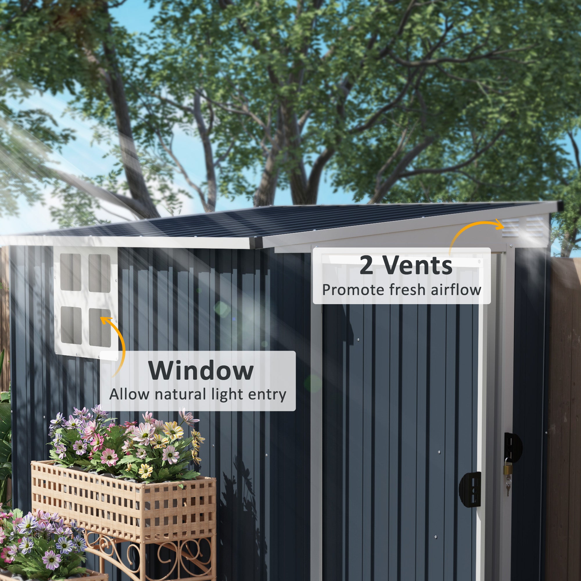 Fynco - 4 x 6ft Garden Metal Shed, Outdoor Storage Shed with Window, 2 Vents and Lockable Door for Garden, Patio, Dark Grey
