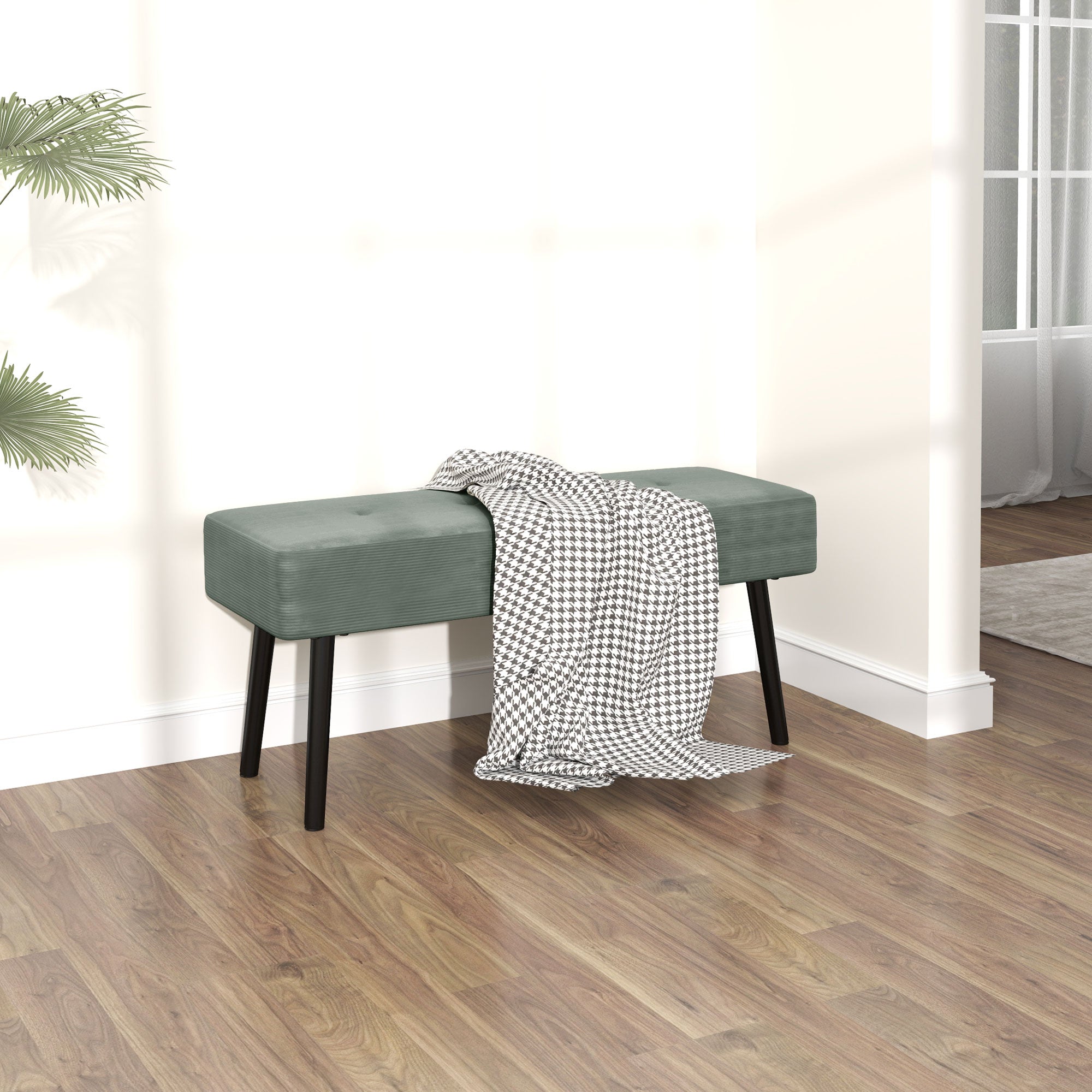 End of Bed Bench, Corduroy Bedroom Bench with Thick Padding and Steel Legs, Tufted Window Seat for Entryway, Living Room, Green