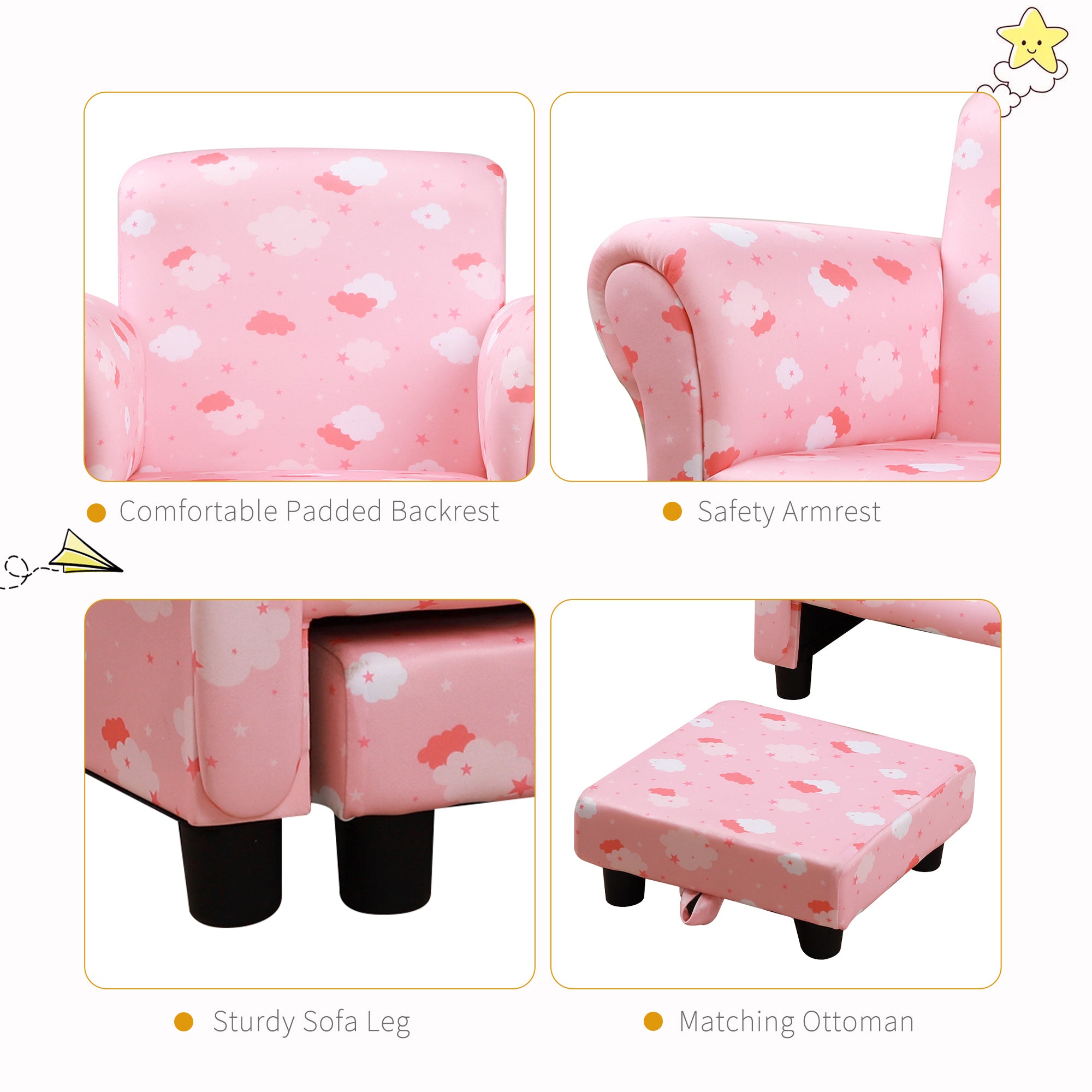 Toddler Chair Children's Armchairs Wood Frame w/ Footrest Anti-Slip Legs High Back Arms for Bedroom Playroom Cute Cloud Star Pink