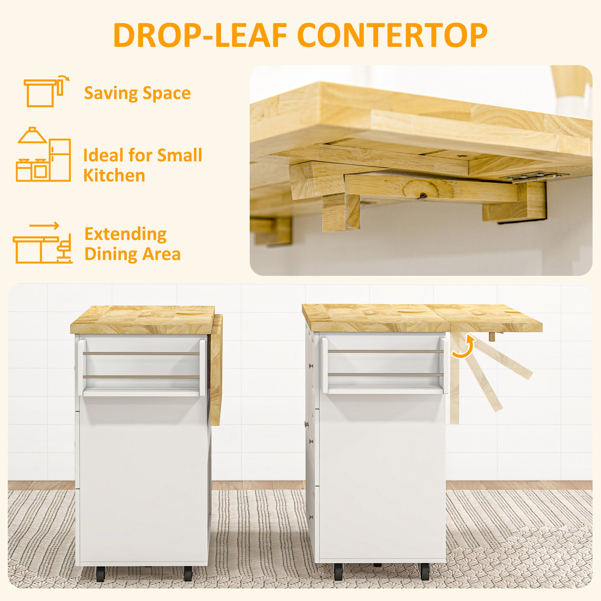 Drop-Leaf Kitchen Island on Wheels with Extendable Rubber Wood Worktop, Rolling Kitchen Storage Trolley, Utility Storage Cart with Drawers & Cabinet for Kitchen, Dining & Living Room, White