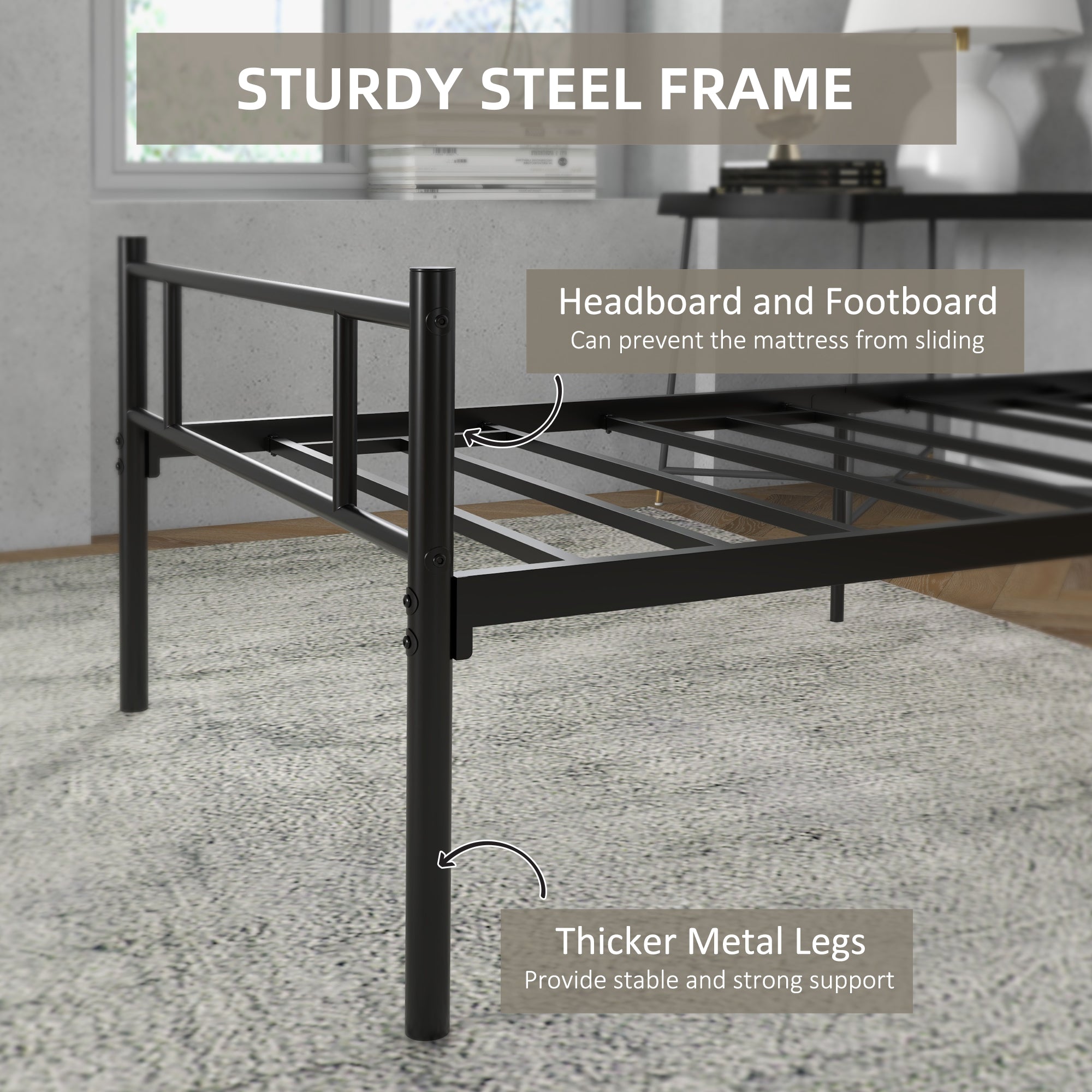 Single Metal Bed Frame Solid Bedstead Base with Headboard and Footboard, Metal Slat Support and Underbed Storage Space, Bedroom Furniture, Black