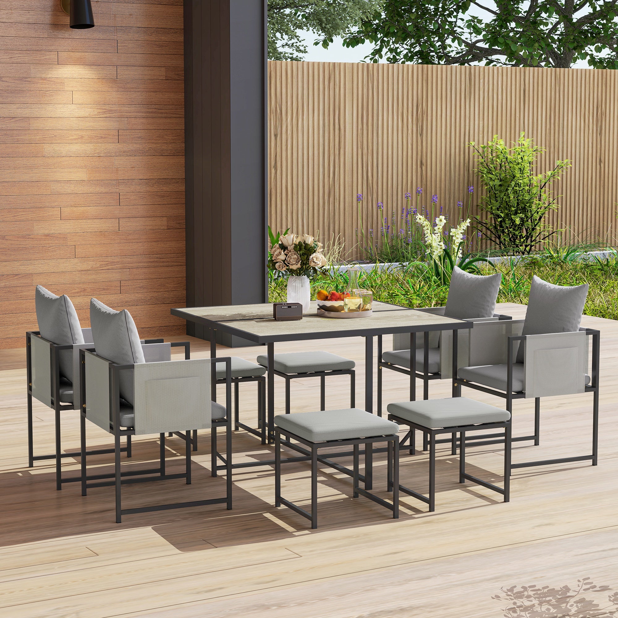 Nine-Piece Steel Frame Garden Dining Set - Grey