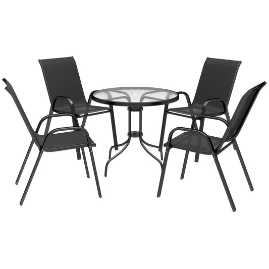 Five-Piece Steel Patio Set, with Glass-Top Table - Black