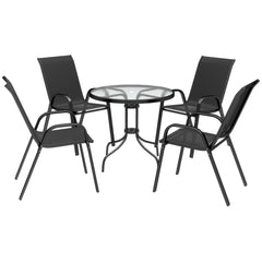 Five-Piece Steel Patio Set, with Glass-Top Table - Black