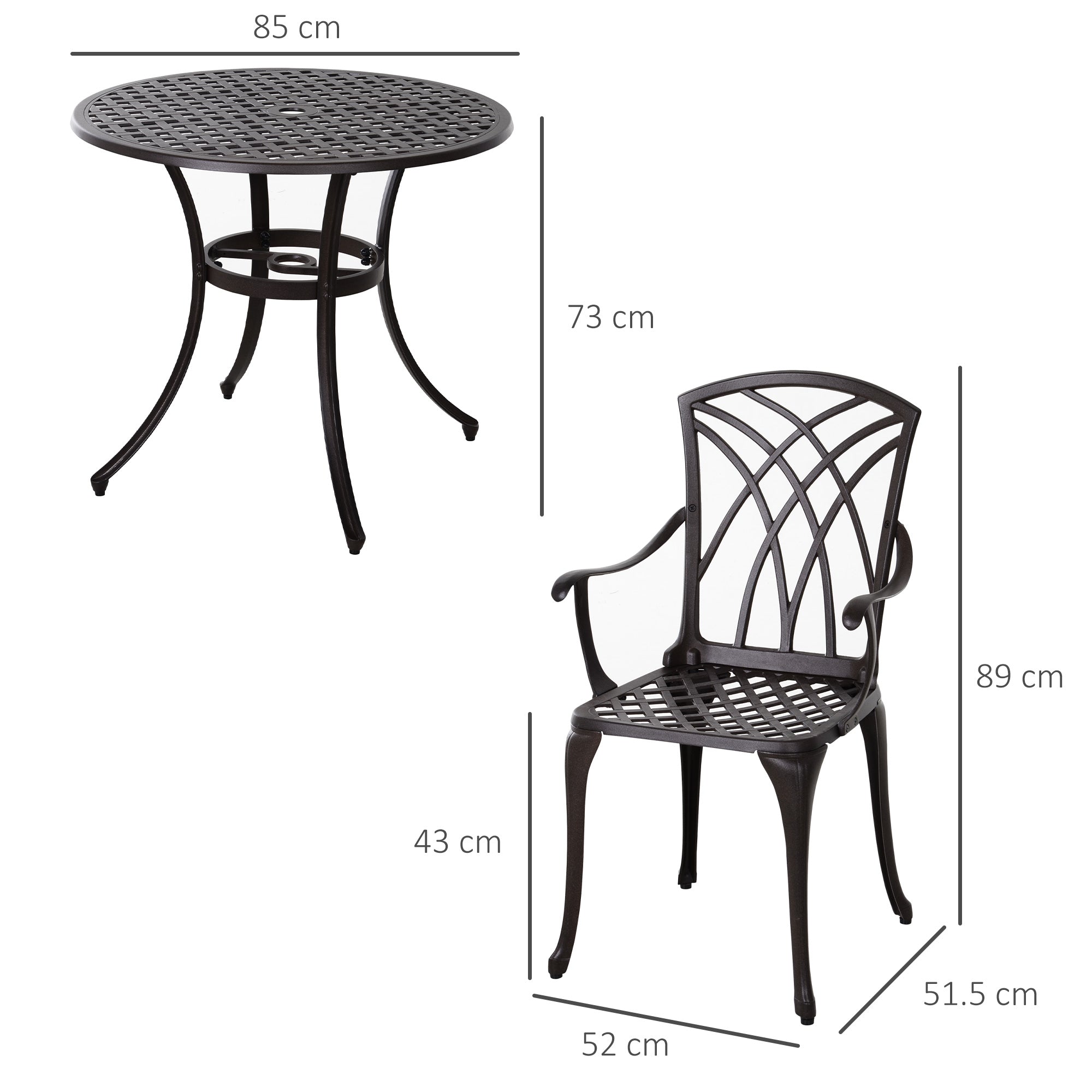 5 Pieces Garden Dining Set for 4, Cast Aluminium Outdoor Dining Set with 4 Armchairs and Round Dining Table with Parasol Hole, Garden Furniture Set, Brown