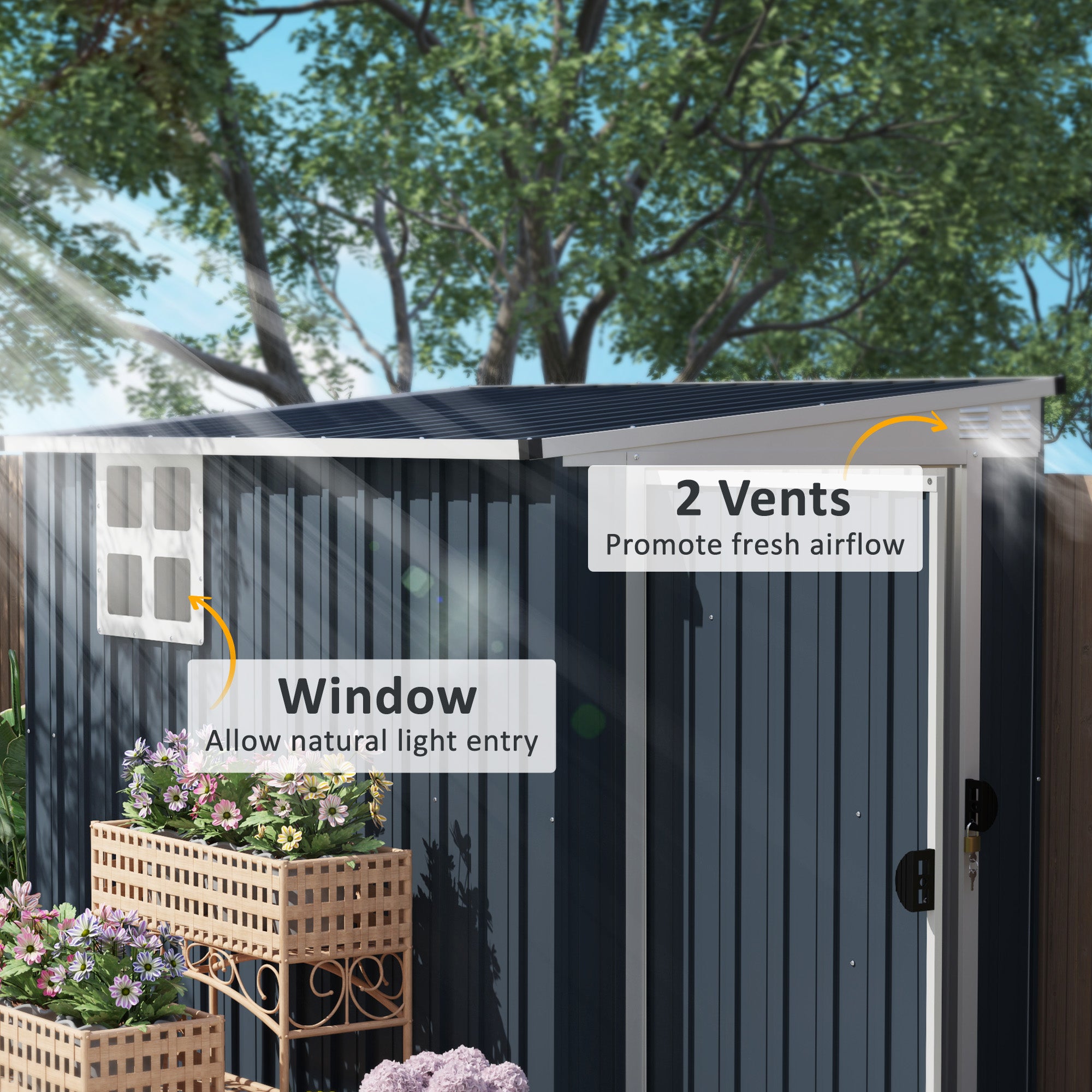 Fynco - 7.6 x 4ft Garden Metal Shed, Outdoor Storage Shed with Window, 2 Vents and Lockable Door for Garden, Patio, Dark Grey