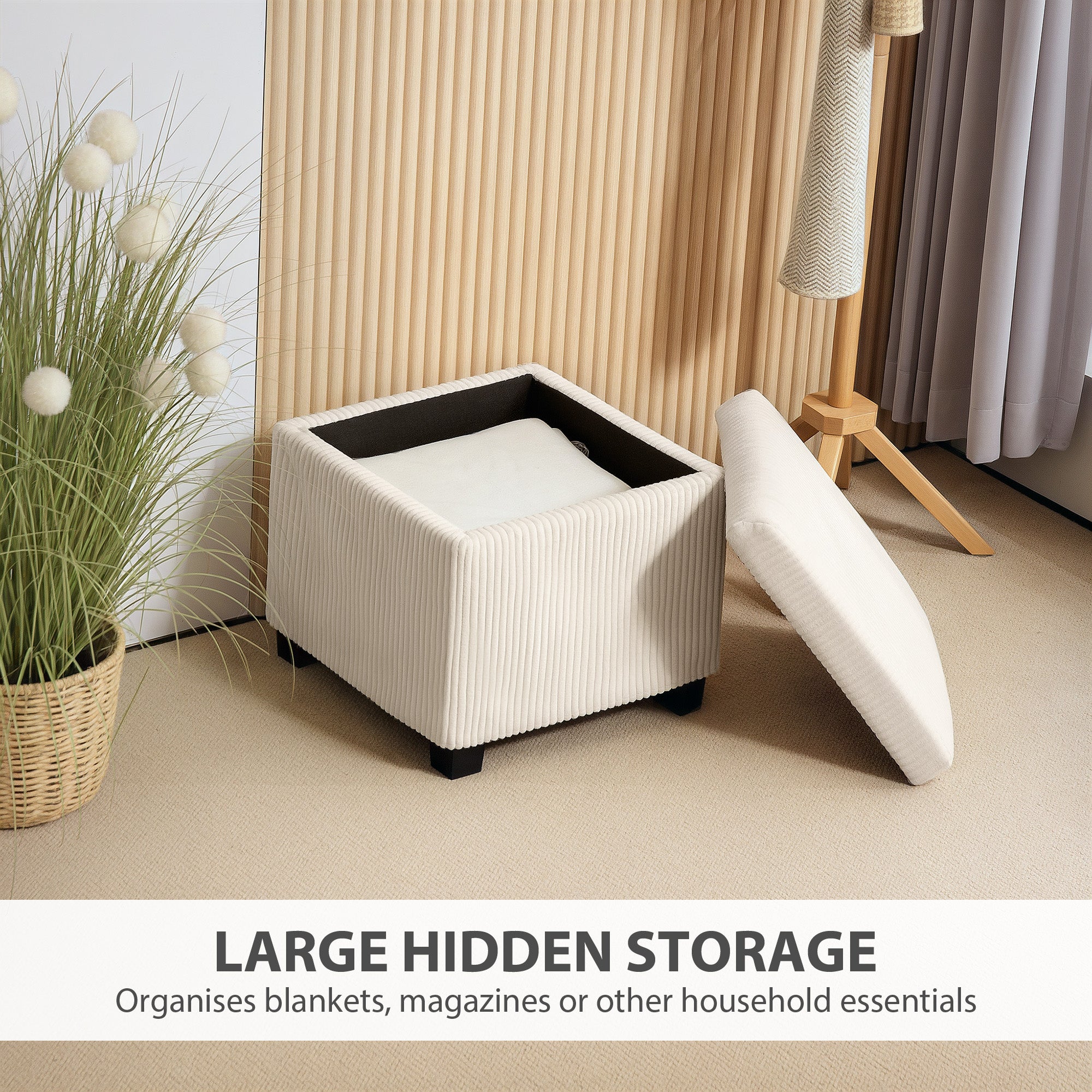 Storage Ottoman Bench, Corduroy Footstool with Removable Lid and Legs, 40cm Storage Chest Box for Living Room, Bedroom, Hallway, Beige