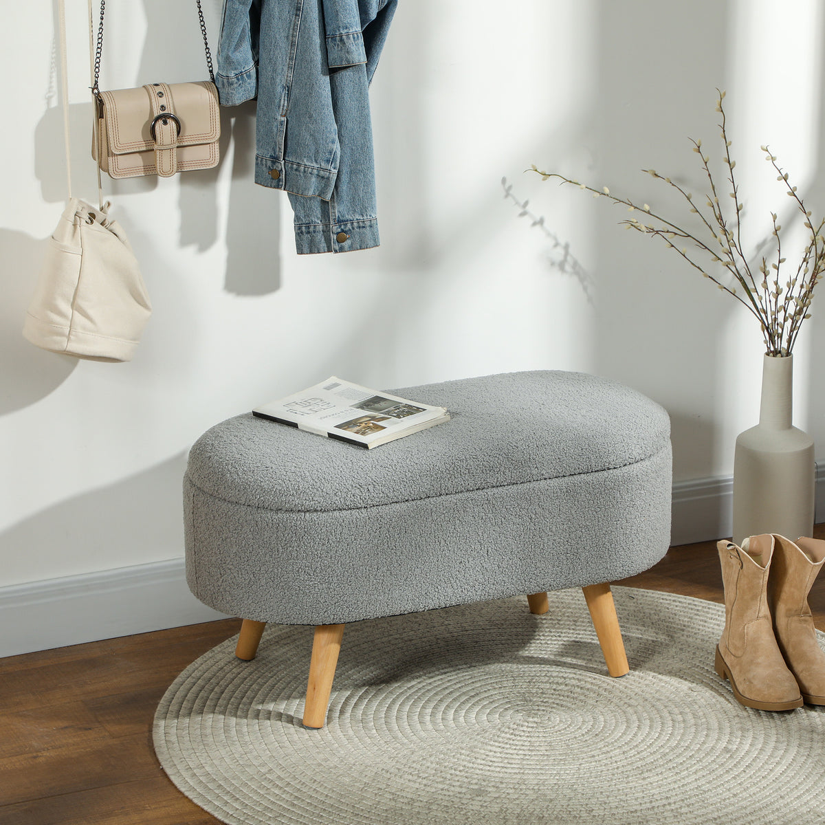Teddy Fleece Storage Ottoman - Grey