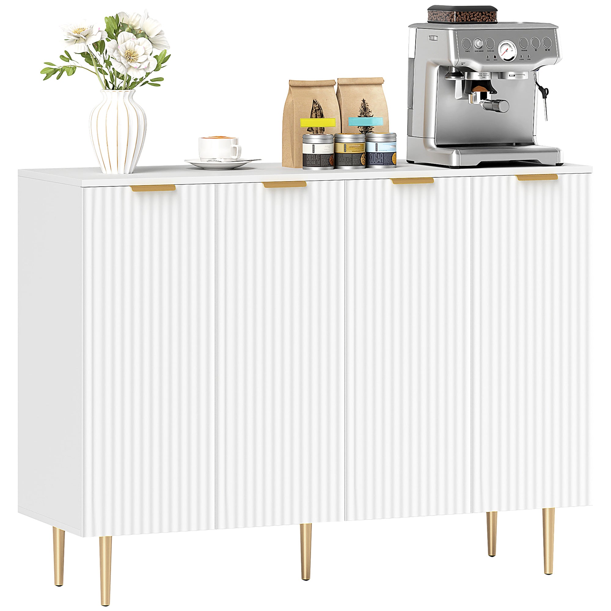 Sideboard Buffet Cabinet, Modern Kitchen Storage Cabinet with 4 Doors and Adjustable Shelves, Living Room Cabinet with Metal Legs for Hallway, White