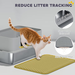 High Sided Stainless Steel Litter Box, Metal Cat Litter Tray with Metal Scoop, Litter Mat, Never Absorbs Odors, Grey