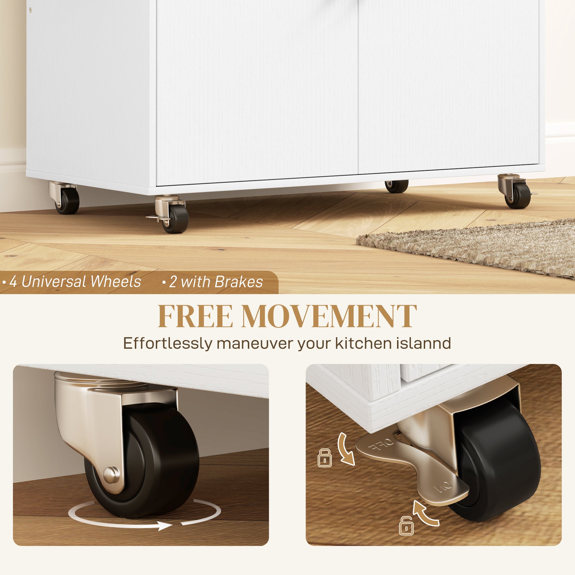 Fynco - Rolling Kitchen Island with Drop Leaf, Kitchen Storage Cart with Drawer, Spice Rack and Towel Rack, White