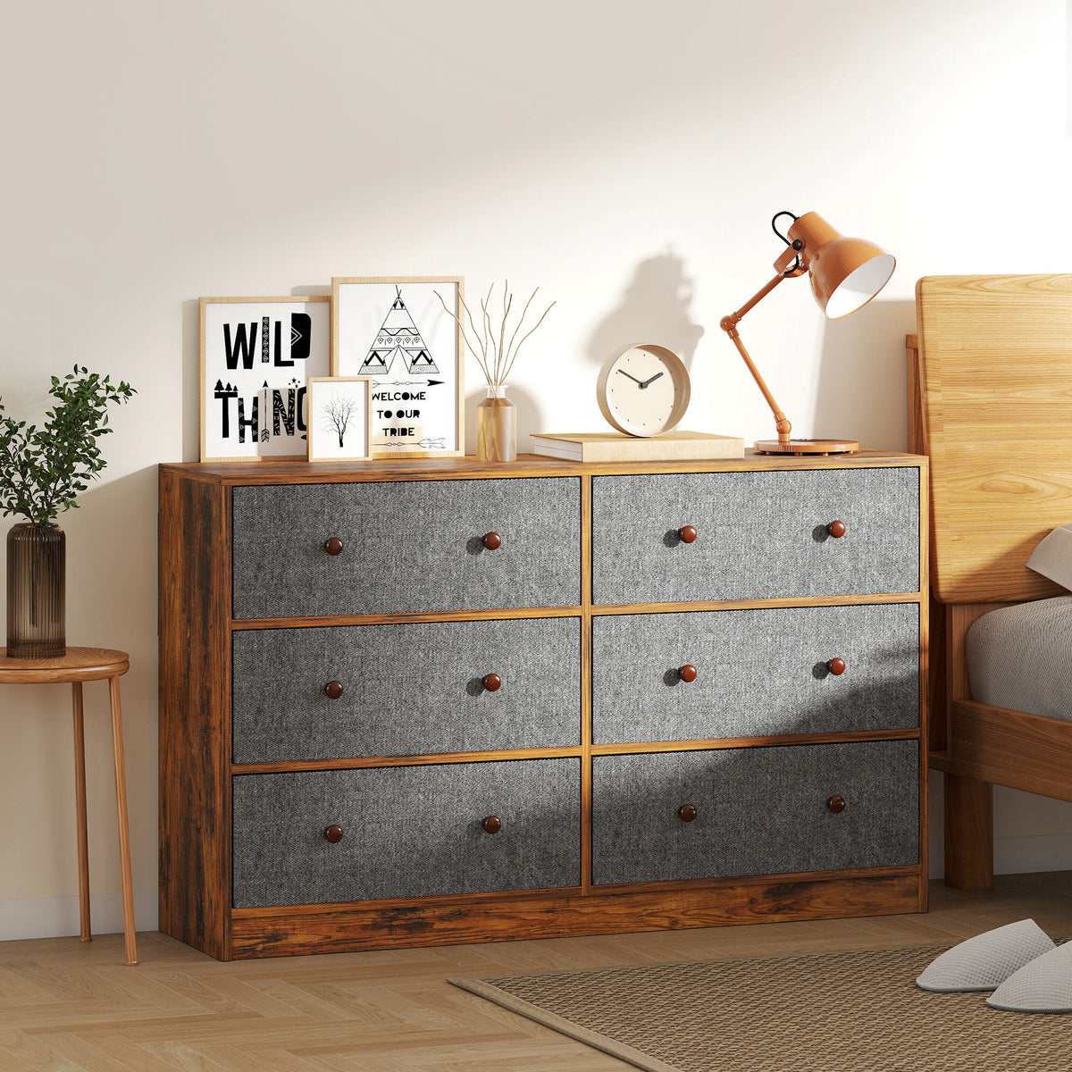 Chest of Drawers, Dresser with 6 Fabric Drawers - Grey and Rustic Brown