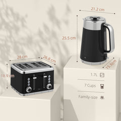 Electric Kettle and Toaster Set, 3000W 1.7L UK Strix Thermostat Rapid Boil Jug Kettle with Limescale Filter, Cool Touch Body, 4 Slice Toaster with 7 Browning Controls, Crumb Tray, Black
