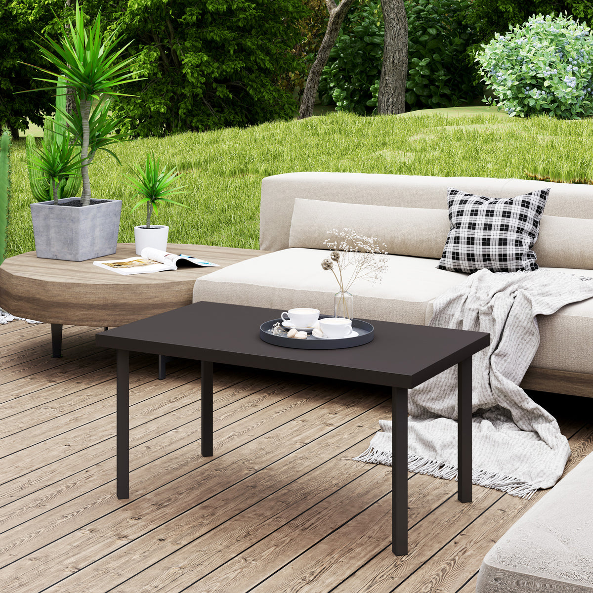 Metal Garden Coffee Table, Rectangular Outdoor Side Table with Woodgrain Tabletop, Foot Pads for Outside, Garden, Balcony, Porch, 95 x 55 x 46cm, Brown
