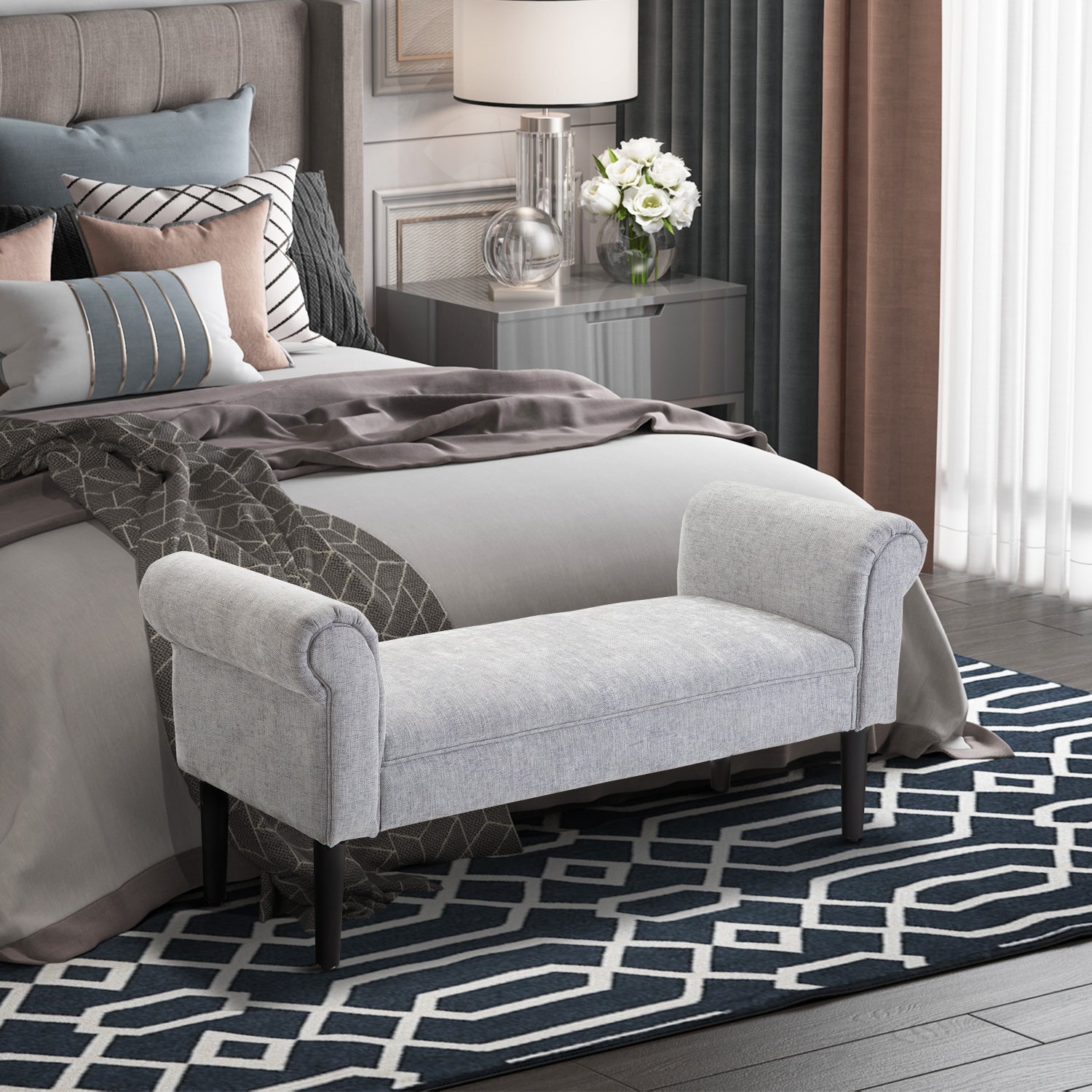 Bed End Bench, Window Seat, Linen Chaise Lounge Sofa with Arm and Wooden Legs for Bedroom, Living Room, Grey