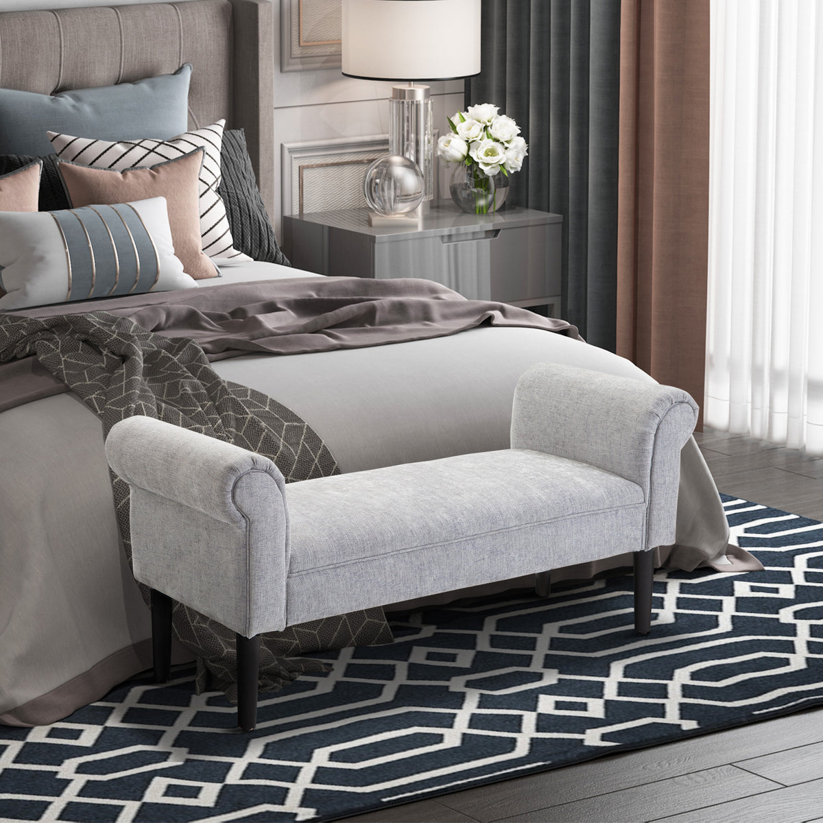 Bed End Bench, Window Seat, Linen Chaise Lounge Sofa with Arm and Wooden Legs for Bedroom, Living Room, Grey