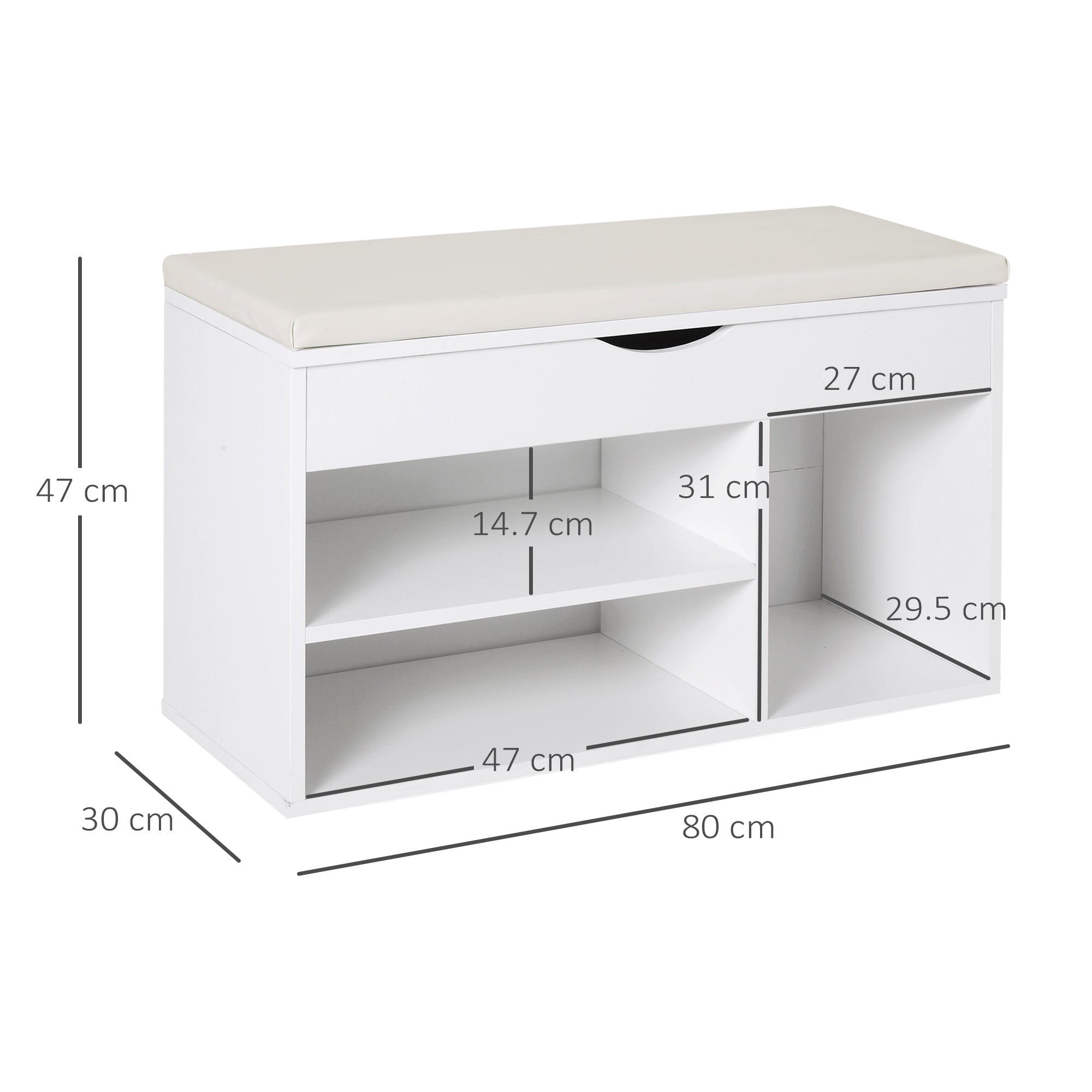 Fynco - Wooden Shoes Cabinet Bench Hidden Storage Padded Seat Organiser Footwear Rack Hallway White 80 x 30 x 47 cm