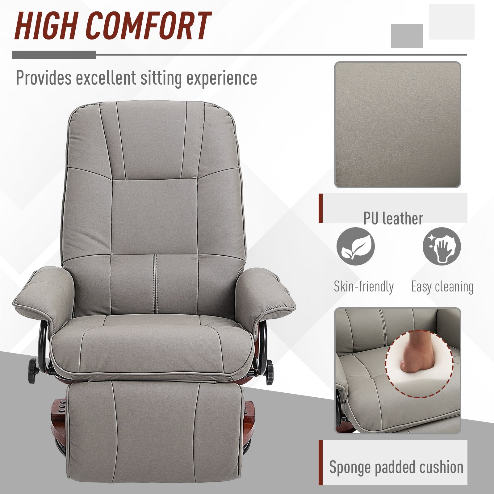 360° Swivel Recliner Chair with Footstool, Manual Recliner Armchair with Wooden Base, Faux Leather Upholstered Reclining Chair for Living Room, Bedroom, Office, Grey