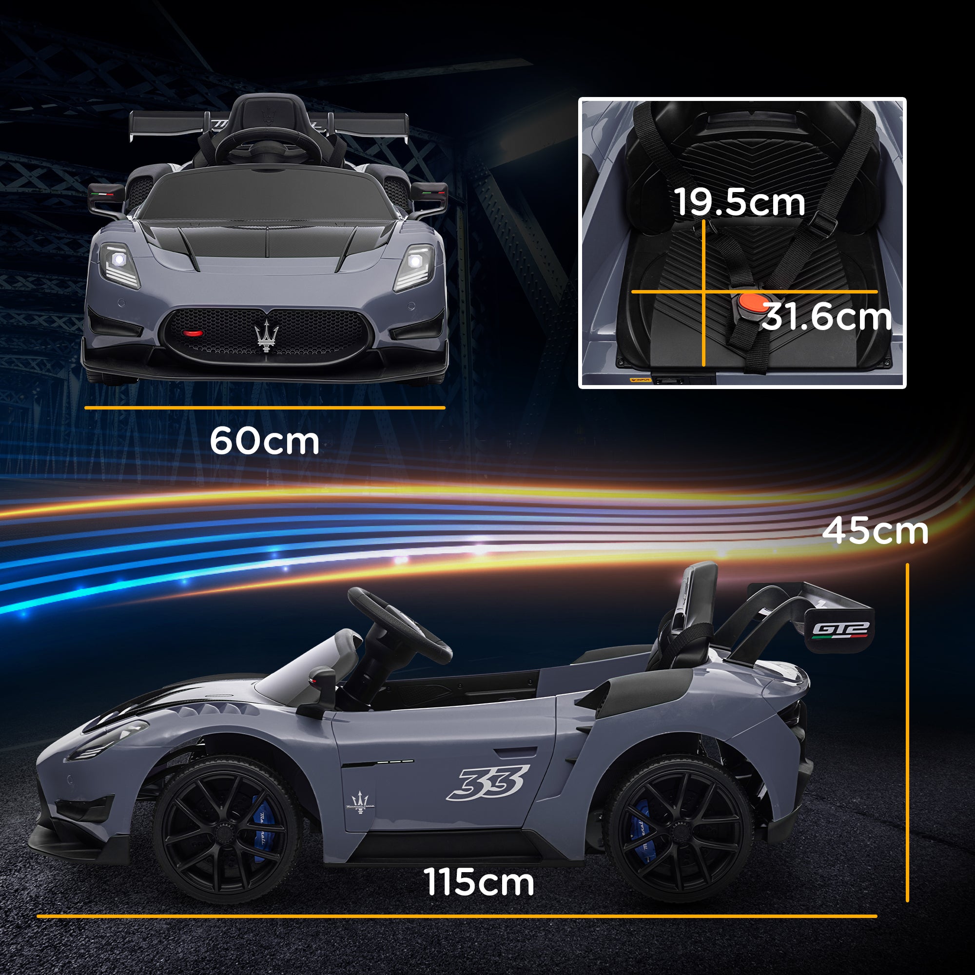 AIYAPLAY Maserati GT2 Licensed 12V Kids Electric Ride on Car with 4 Suspension Wheels, Remote Control, Music, Horn, Lights, Grey