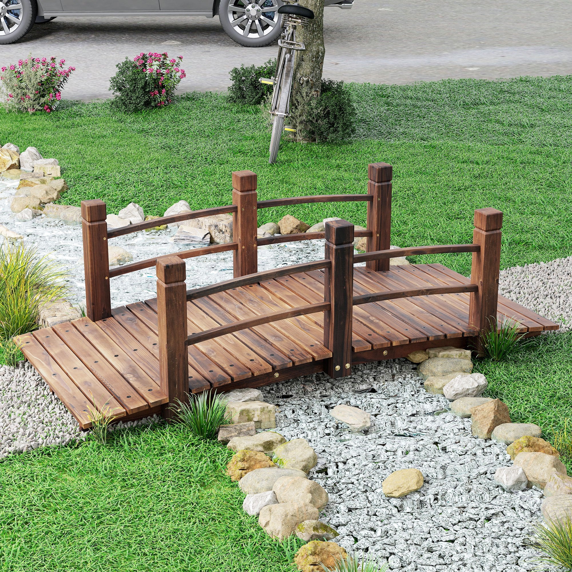 1.5M Wooden Garden Bridge Lawn Décor Stained Finish Arc Outdoor Pond Walkway w/ Railings Water Yard Decoration