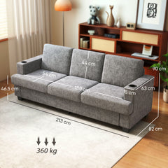 Fynco - 3 Seater Sofa with USB Ports & Cup Holders - Grey