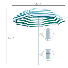 1.8m Beach Parasol Umbrella with Tilt Canopy, Lightweight Patio Garden Sunshade with 8 Ribs, Green & White Stripe