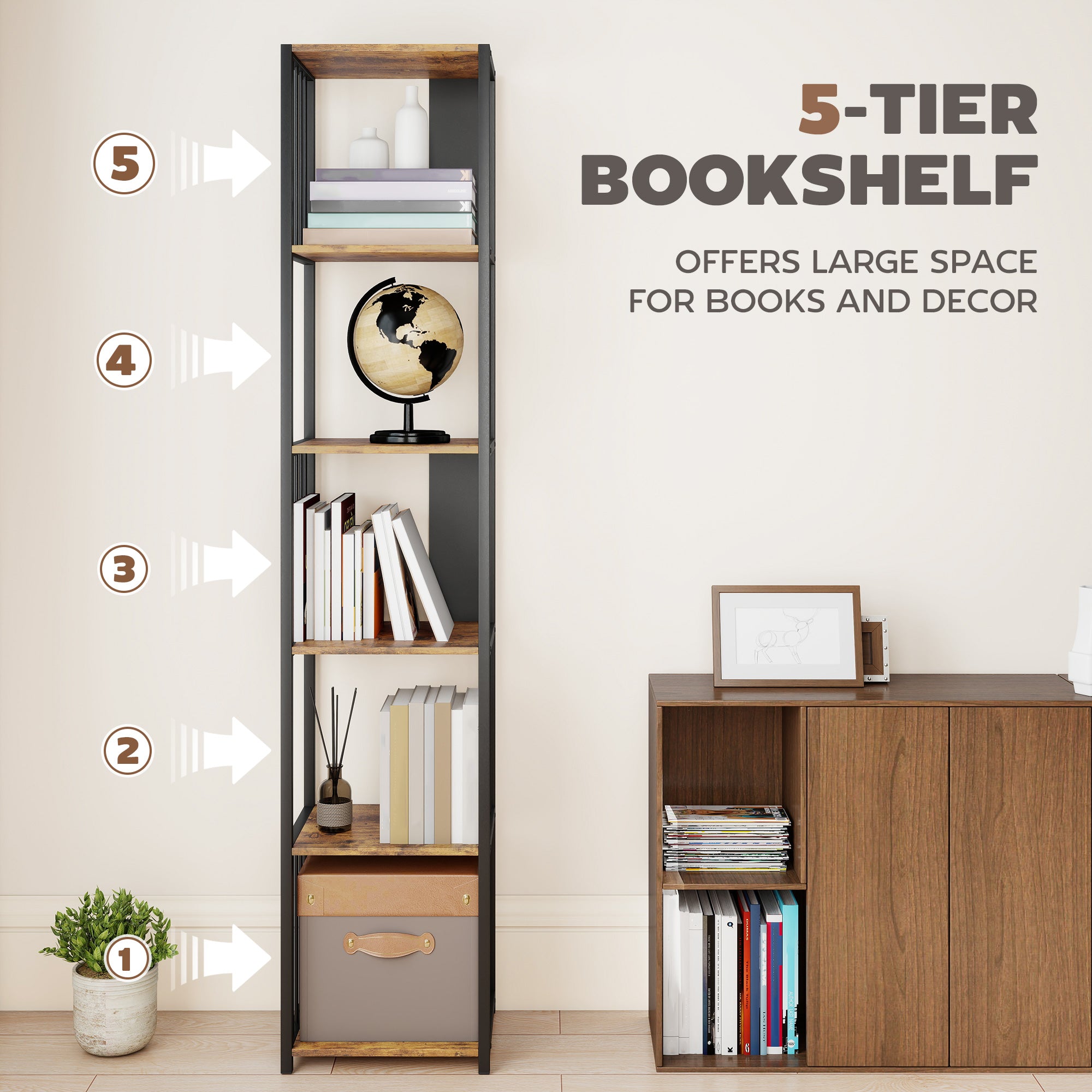 Fynco - 5-Tier Bookshelf with Steel Frame - Rustic Brown