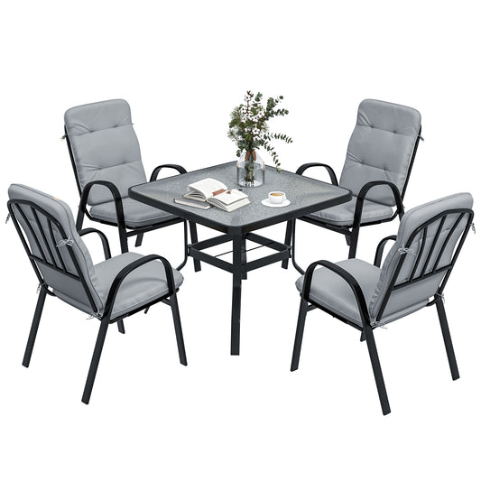 5 Pieces Outdoor Square Garden Dining Set w/ Tempered Glass Dining Table 4 Cushioned Armchairs, Umbrella Hole, Grey
