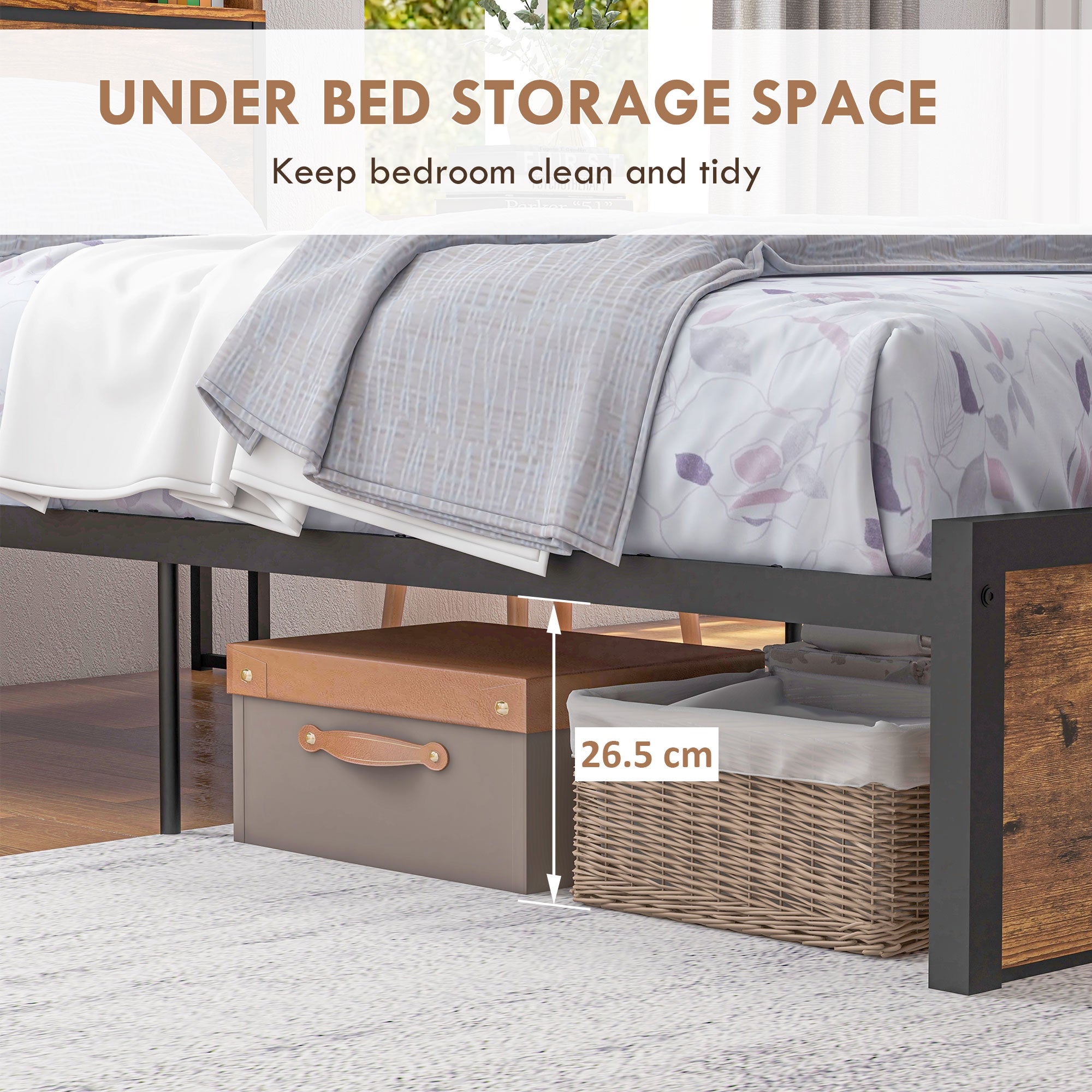 Industrial Single Bed Frame, 3.1FT Steel Bed Base with Storage Headboard, Footboard, Slatted Support and Under Bed Storage, 95 x 209cm, Rustic Brown