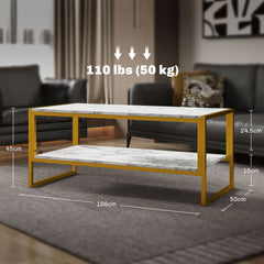 Coffee Table, Two-Tier Marble Centre Table with Metal Frame and Storage Shelf for Living Room, 106 x 50 x 45cm, White
