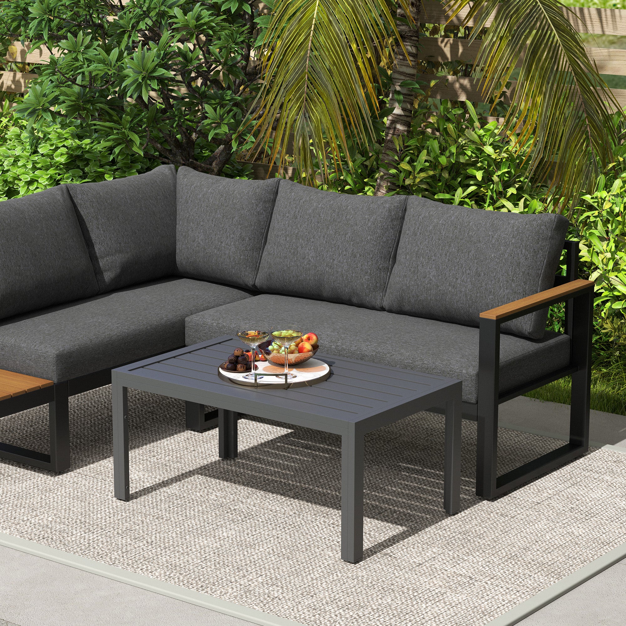 Outdoor Side Table, Rectangular Patio Coffee Side Table with Steel Frame and Slat Tabletop for Garden, Balcony, Grey