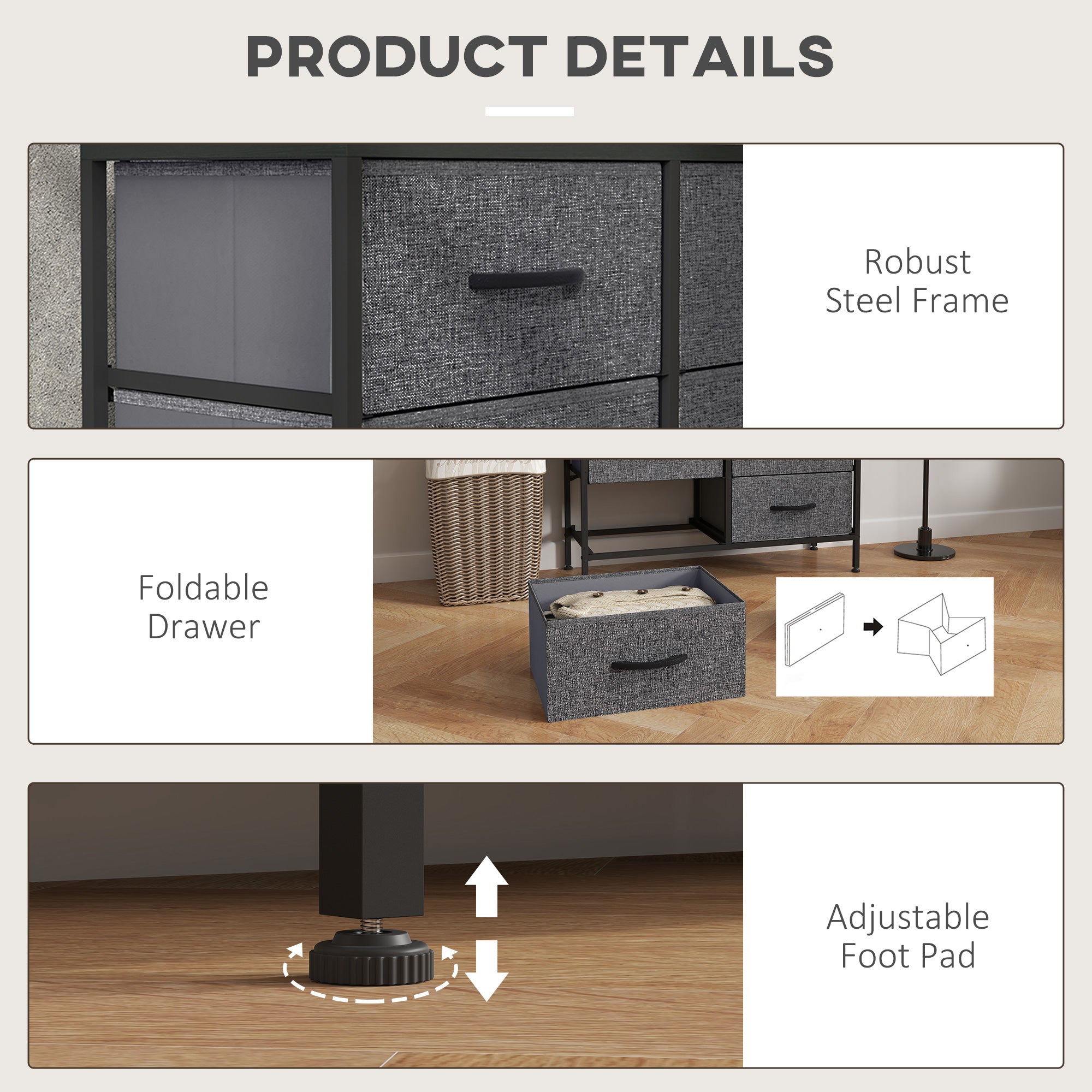 Fabric Chest of Drawers, Industrial Bedroom Dresser with 8 Fabric Drawers, Steel Frame and Wooden Top for Nursery, Living Room, Hallway, Black