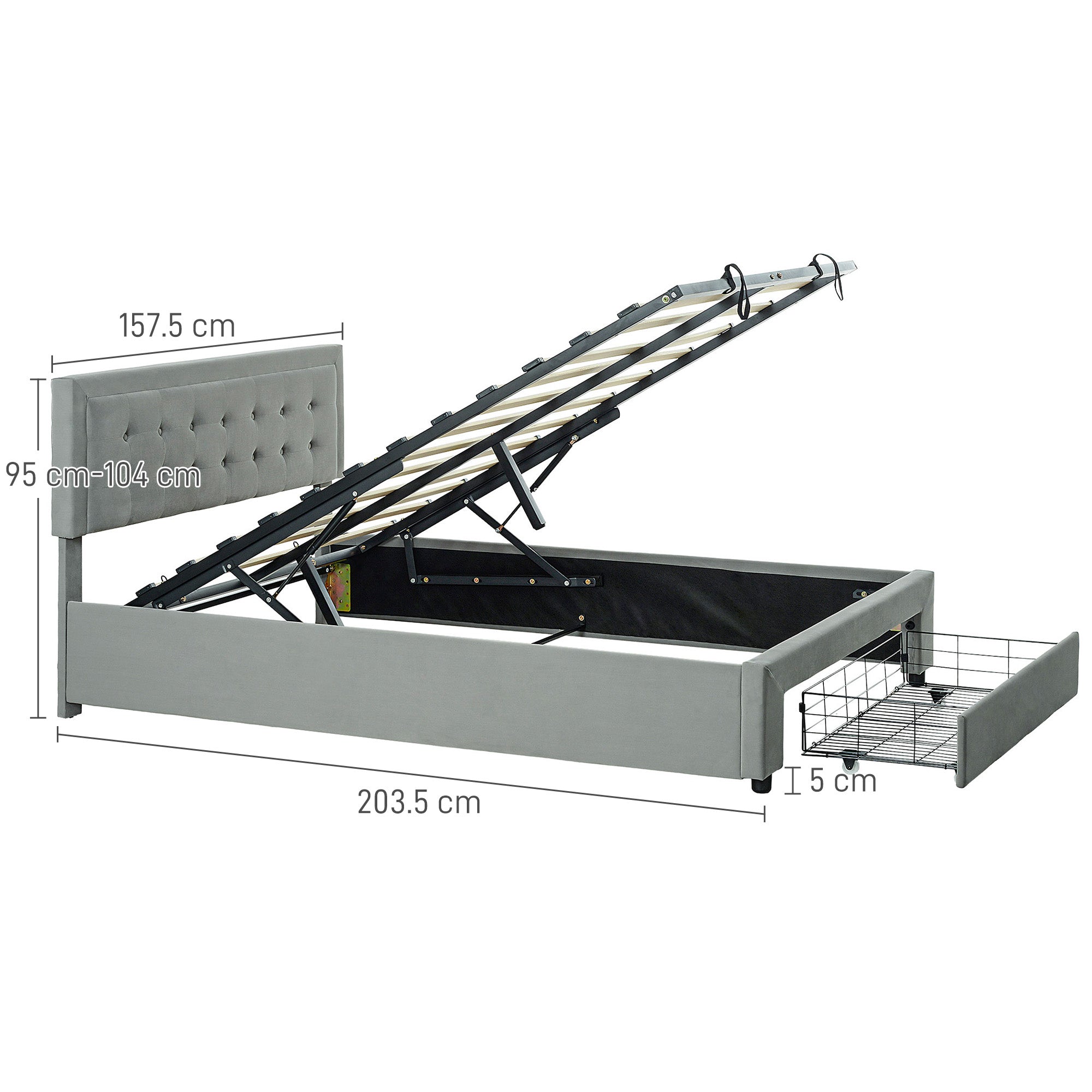 Double Size Ottoman Bed Frame, with Front Drawer - Grey