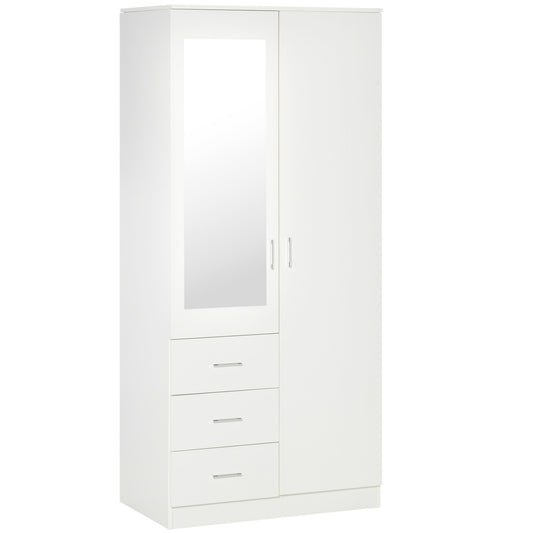 2 Door 3 Drawer Mirrored Wardrobe with Hanging Rail, Modern Clothes Storage Cupboard with Mirror, Drawers and Adjustable Shelves for Bedroom, 80 x 50 x 180 cm, White