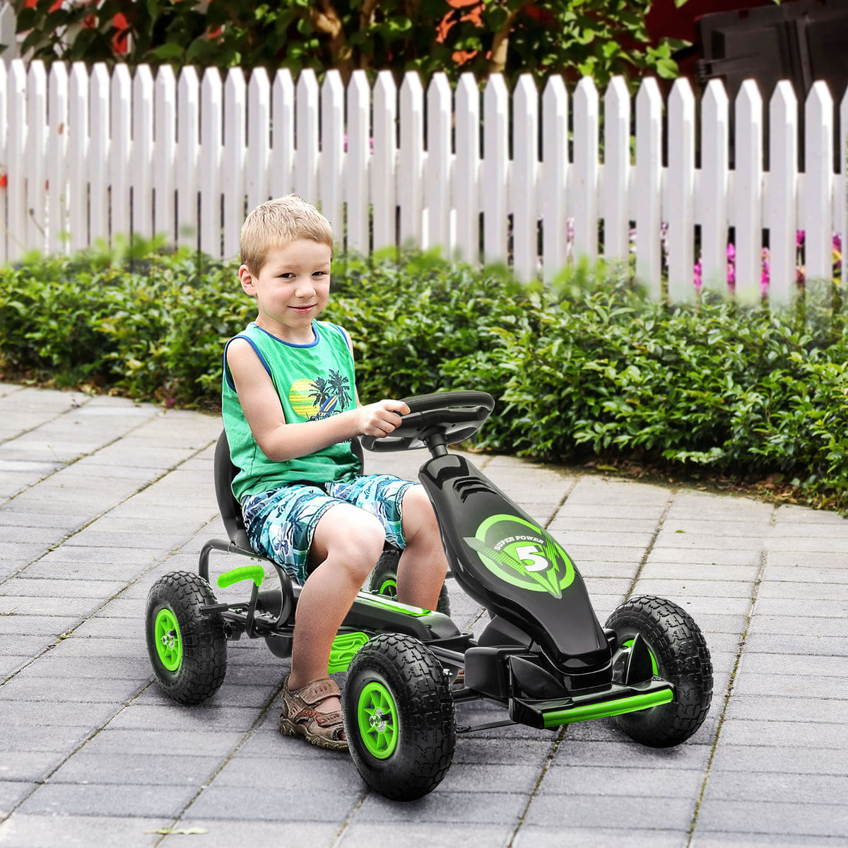 Kids Pedal Go Kart, with Adjustable Seat, Inflatable Tyres - Green
