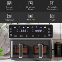 8L Dual Basket Air Fryer, 8-in-1 Air Fryer Oven with Digital Display, Visible, Timer, Preheat for Oil Free Low Fat Cooking, 2500W, Sync Finish, Sliver