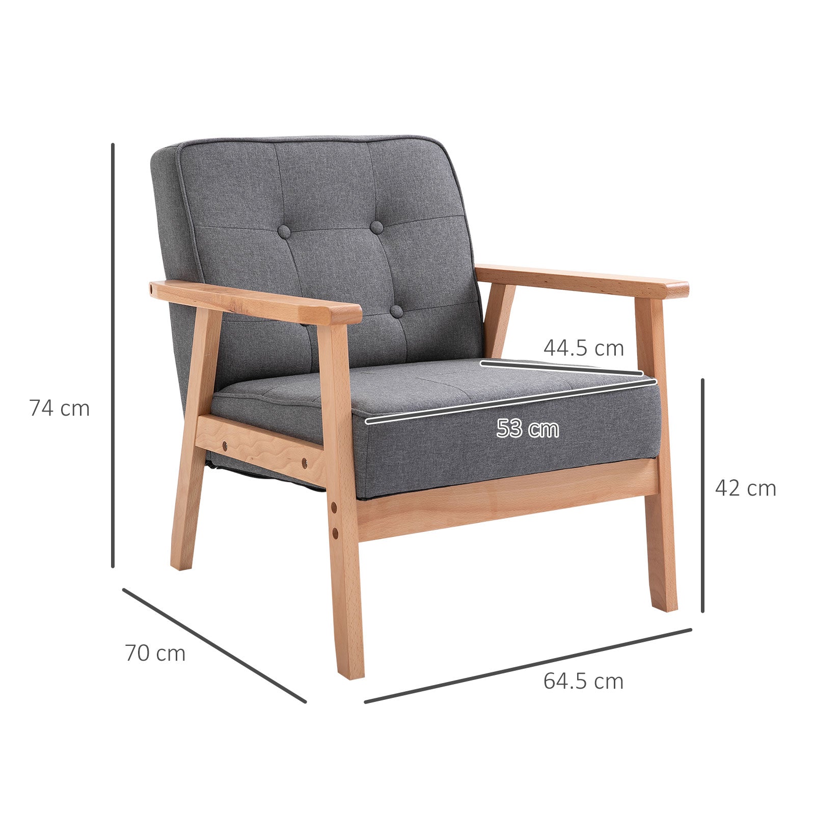 Armchair, Linen Fabric Accent Chair, Occasional Chair with Beech Wood Frame for Living Room, Reception, Bedroom, Balcony, Set of 2, Grey and Natural